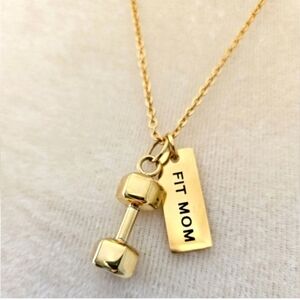Fit Style Gold Dumbbell & "Fit Mom" Bar Charm Necklace